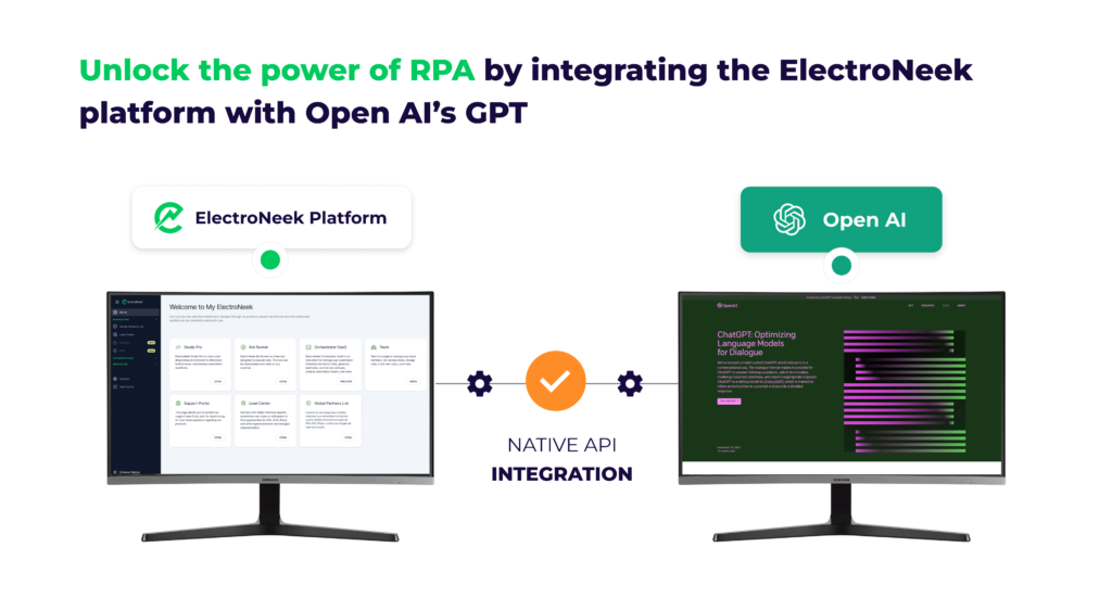 Shows two computers representing the ElectroNeek platform integration with OpenAI